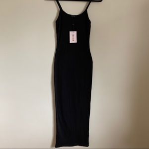 Black Ribbed Strappy Bodycon Midi Dress